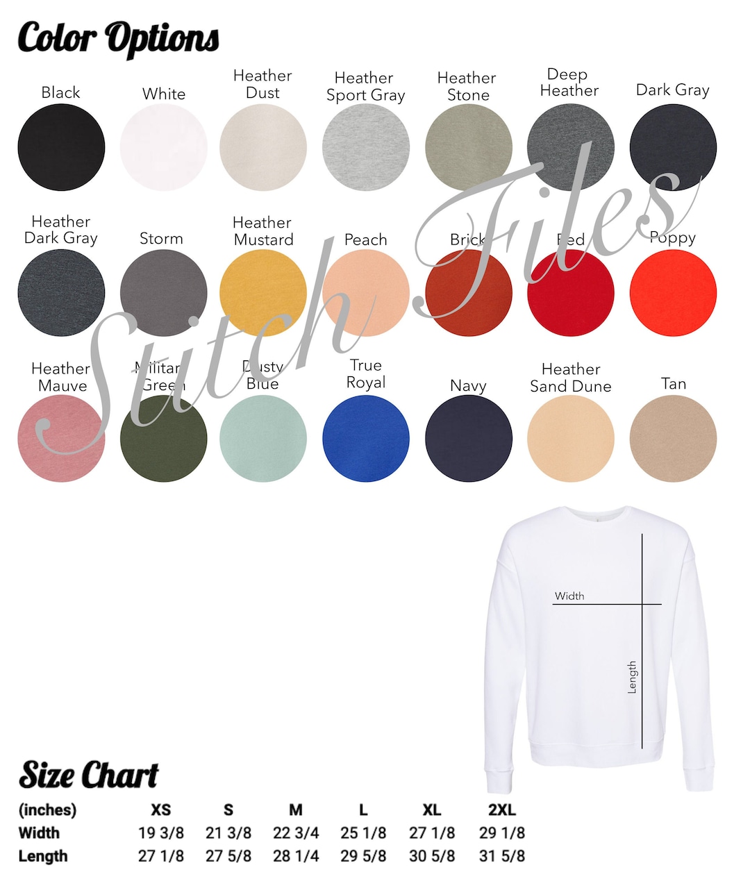 Bella Canvas 3945 Color and Size Chart Bella Canvas - Etsy