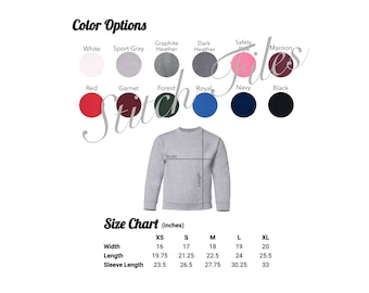 Gildan Youth G180B Color and Size Chart, Gildan Youth G18000B Color and Size Chart, Gildan Youth Heavy Blend Crew Neck Size and Color Chart