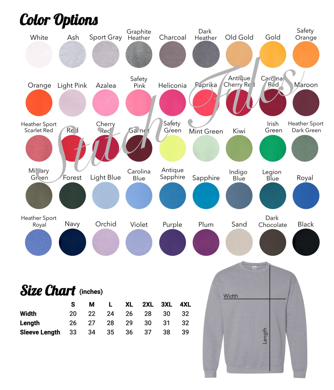 Gildan G180 Color and Size Chart, Gildan G18000 Color and Size Chart ...