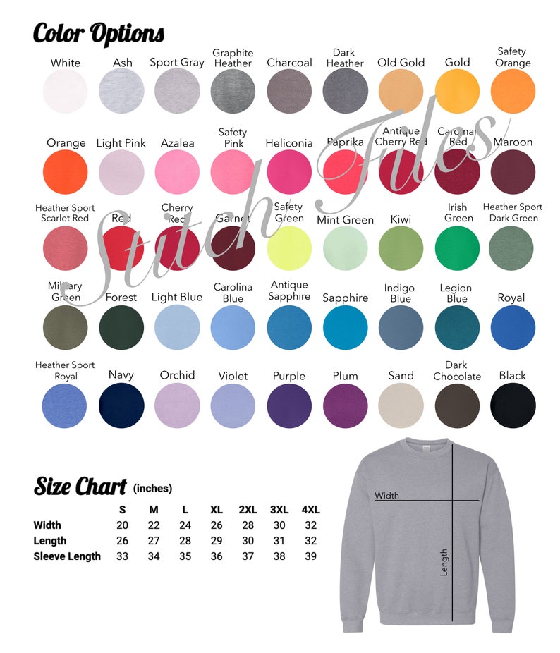 Puede incluir: Una tabla de tallas para una sudadera con una variedad de opciones de color. La tabla muestra las medidas en pulgadas para las tallas S a 4XL. Los colores incluyen blanco, ceniza, gris deportivo, gris jaspeado grafito, carb&oacute;n, gris oscuro, oro viejo, oro, naranja de seguridad, naranja, rosa claro, azalea, rosa de seguridad, heliconia, paprika, rojo cereza antiguo, rojo cardenal, marr&oacute;n, rojo escarlata deportivo jaspeado, rojo, rojo cereza, verde de seguridad, verde menta, kiwi, verde irland&eacute;s, verde oscuro deportivo jaspeado, verde militar, bosque, azul claro, azul Carolina, zafiro antiguo, zafiro, azul &iacute;ndigo, azul legi&oacute;n, real, real deportivo jaspeado, azul marino, orqu&iacute;dea, violeta, morado, ciruela, arena, chocolate oscuro y negro.