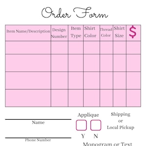 Embroidery Order Form Printable