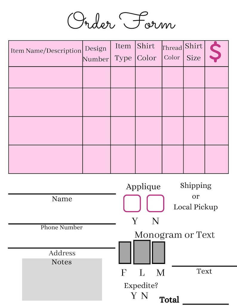 Embroidery Order Form Printable Etsy Embroidery Order Form Printable Etsy