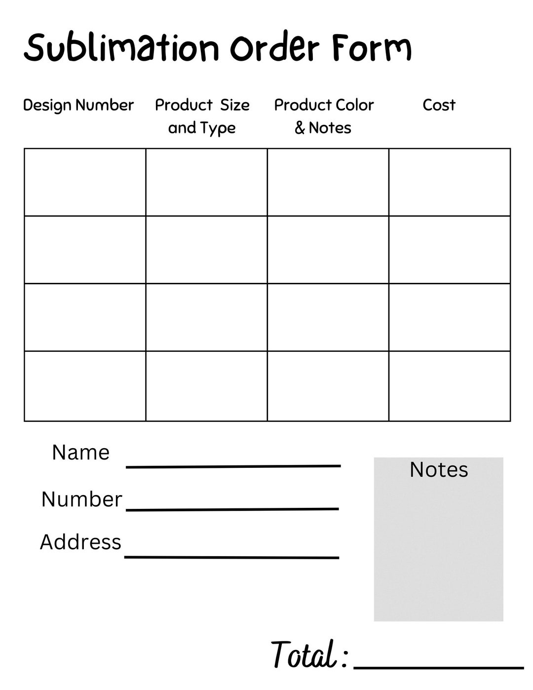 Sublimation Form Example Simple Sublimation Order Form Printable - Etsy
