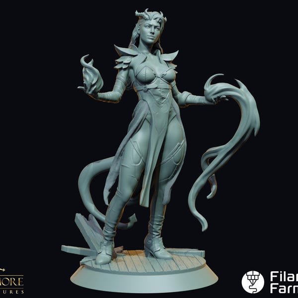 Keeleycael, Hechicera Tiefling - Un Festín de Sangre - Miniatura impresa en 3D de resina de 8k con gran nivel de detalle