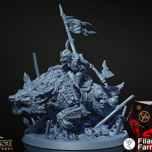 May include: A detailed miniature sculpture of a goblin riding a wolf, with a banner and weapons. The sculpture is gray and sits on a round base. A red and black die is in the foreground, with the text "Filament Farm".