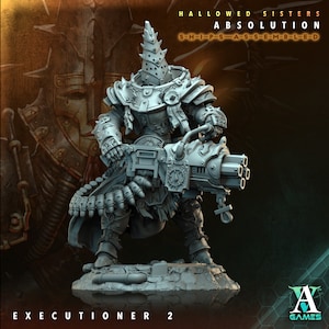 May include: A gray, detailed miniature figure of a robot warrior holding a large, multi-barreled gun. The figure is standing on a rocky base. The text "HALLOWED SISTERS ABSOLUTION S-H-I-P-S-A-S-S-E-M-B-L-E-D EXECUTIONER 2" is visible in the image.