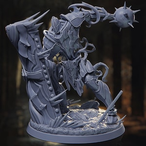 May include: A gray, detailed, 3D printed miniature of a knight in armor holding a spiked ball weapon. The knight is standing on a base with a textured surface.