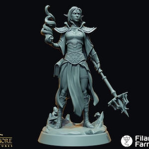 May include: A gray miniature figurine of a female elf mage, holding a staff and a snake-like object. The elf is wearing armor and a flowing gown. The base of the figurine has a rocky texture. The Claymore Miniatures and Filament Farm logos are visible.
