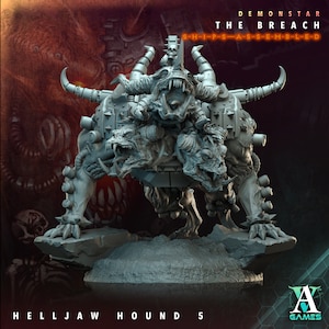 May include: A gray, detailed miniature of a Helljaw Hound, a multi-headed, mechanical beast with a skull on its head. The miniature is from the Demonstar game "The Breach: Ships Assembled".