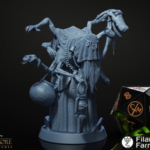 May include: A gray 3D printed miniature of a creature with multiple arms and a hooded cloak. The creature is holding a cauldron, an apple, and a lantern. The miniature is on a round base.