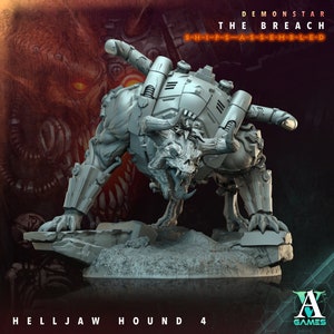 May include: A gray, detailed miniature of a Helljaw Hound, a monstrous creature with mechanical enhancements, from the Demonstar game "The Breach: Ships Assembled".