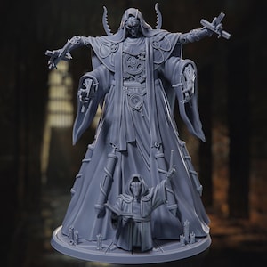 May include: A gray, detailed, 3D printed miniature of a skeletal figure wearing a long robe with intricate mechanical details. The figure has multiple arms and is holding various tools. The miniature is standing on a circular base.
