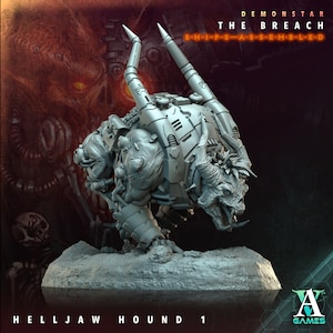 May include: A detailed, gray Helljaw Hound 1 miniature from the Demonstar: The Breach series. The model features a mechanical design with horns, sharp teeth, and intricate detailing. The base is a textured, light gray. The text "DEMONSTAR THE BREACH" is visible.