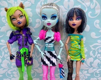 Monster High Dolls for Collectors, OOAK Repaints, Playing - Dawn of The Dance Clawdeen Wolf, Frankie Stein and Cleo de Nile