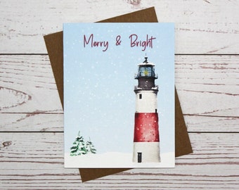 Coastal Christmas Card. Lighthouse Holiday Card. Winter at the Beach Card. Blank Card. Eco-friendly Card