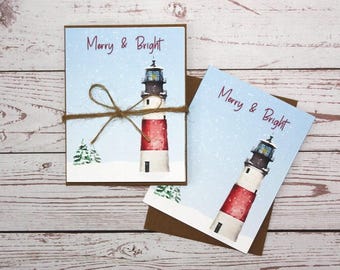 Coastal Holiday Card Set. Lighthouse Christmas Card Set. Winter on the Coast Cards. Blank Cards. Eco-friendly Cards
