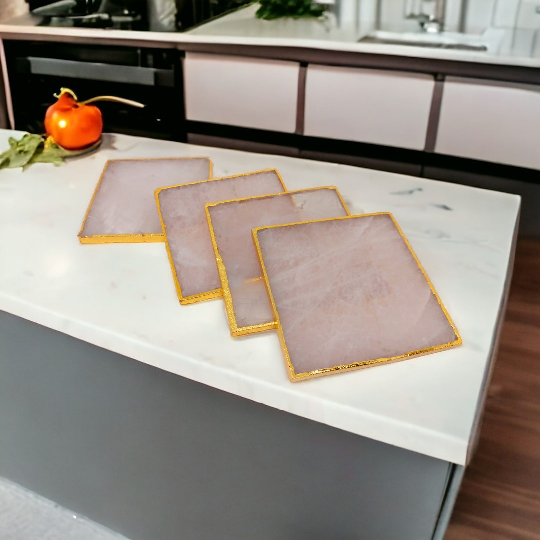 Rose Quartz Crystal Coaster, Natural Rose Quartz Gemstone , Golden Electrical Coating, Tea