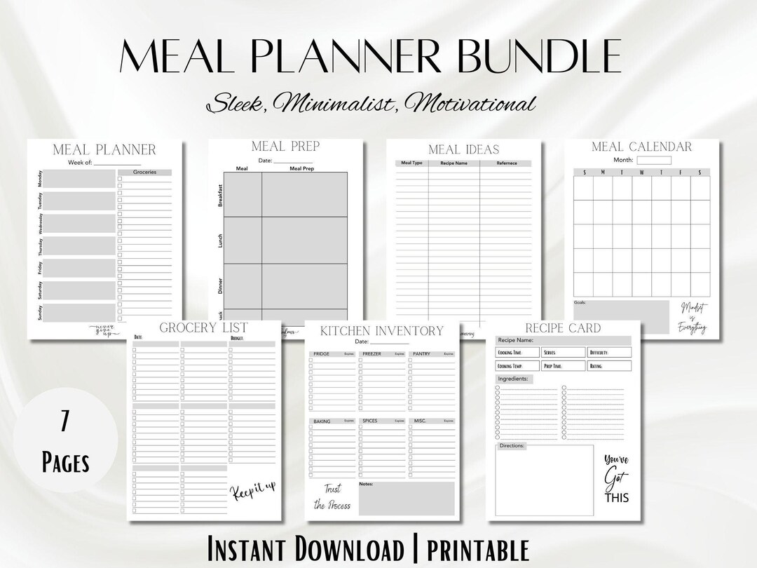 Sleek Motivational Printable Meal Planner BUNDLE | Weekly Meal Planner ...