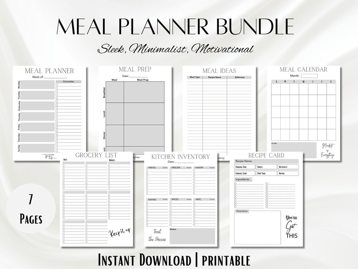 Sleek Motivational Printable Meal Planner BUNDLE | Weekly Meal Planner ...