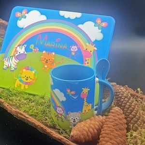 Tavola per la colazione con tazza e cucchiaio / Vesperboard con tazza e cucchiaio / Set colazione con motivo e nome desiderati, personalizzati