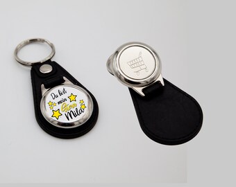Sleutelhanger met gewenst motief/ gewenste tekst met naam en winkelwagen chip, aanpasbaar
