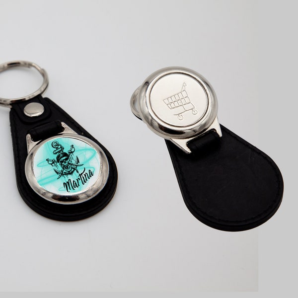 Key fob with desired motif / desired text with name and shopping cart chip, customizable