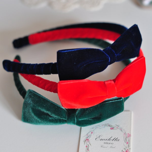 Blue Narrow Headbands for Girls, Velvet Headband with a Bow Placed Aside, Back to School Girls Headbands