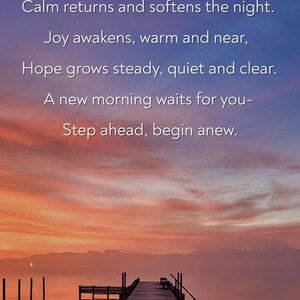 May include: A serene image of a wooden pier extending into a calm lake at sunset. The sky transitions from blue to orange and pink, with inspirational text overlayed. The word "NUVORA" is at the bottom.