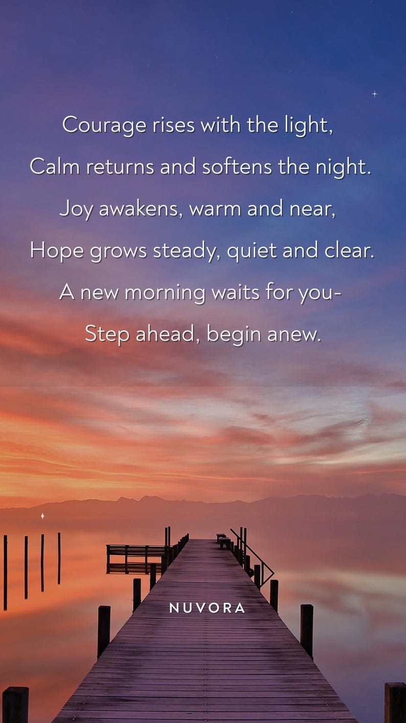 May include: A serene image of a wooden pier extending into a calm lake at sunset. The sky transitions from blue to orange and pink, with inspirational text overlayed. The word "NUVORA" is at the bottom.