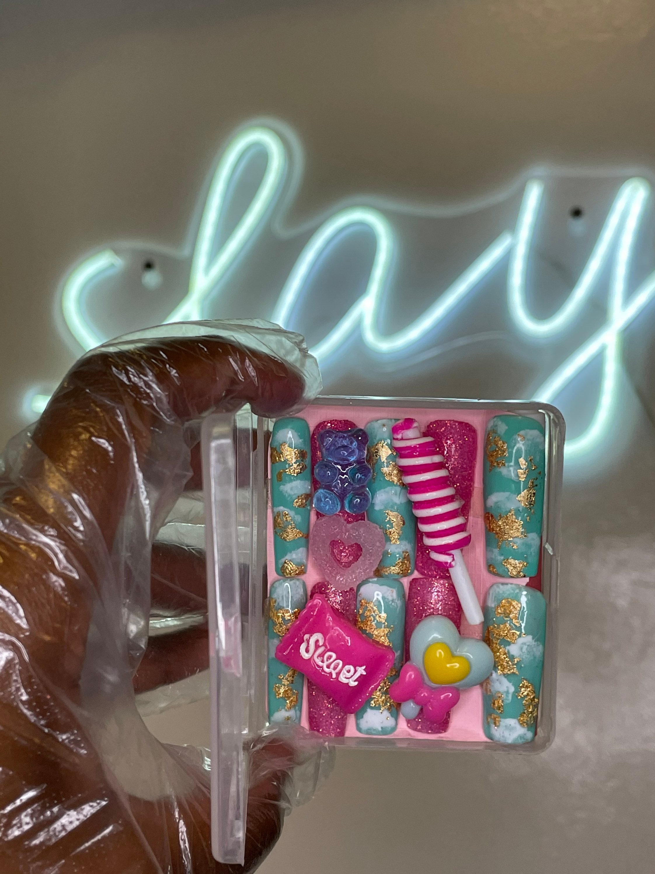 3D Kawaii, Gummie Bear, Pink Glitter With Clouds, NSLA Press Ons Nails ...