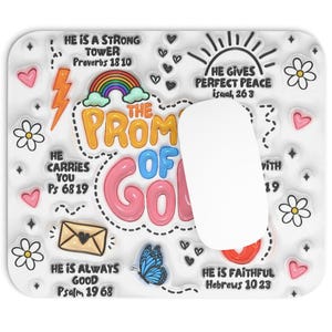 May include: A white rectangular mousepad with a white mouse on top. The mousepad has a colorful design with the words "The Promise of God" and various Bible verses. The design includes hearts, flowers, and a rainbow.
