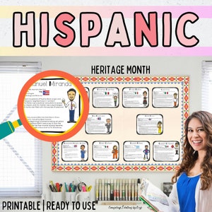 Pode incluir: Um cartaz colorido para o Mês da Herança Hispânica, com a palavra "HISPANIC" em letras grandes cor-de-rosa. O cartaz inclui informações sobre figuras hispânicas notáveis, com o texto "PRINTABLE | READY TO USE" na parte inferior.