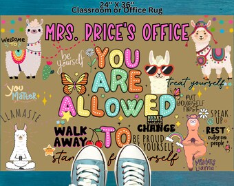 May include: A rectangular classroom or office rug, 24 x 36 inches, with a tan background. The rug features colorful text and llama illustrations. Text includes "Mrs. Price's Office", "You Are Allowed", and inspirational phrases.