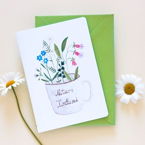 Ansichtkaart geïllustreerd met aquarel "Nature infused", handgemaakte wenskaart, verjaardag, tijdloos, bloemen en kopje thee