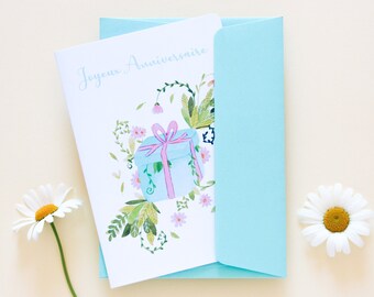 Watercolor floral birthday card, “Happy Birthday” gift card, Handmade in France