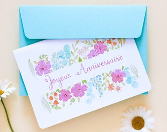 Carte d'anniversaire fleurie – Aquarelle de fleurs délicates, papeterie artisanale