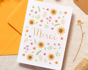 Carte de remerciement fleurie – Illustration aquarelle délicate, papeterie poétique