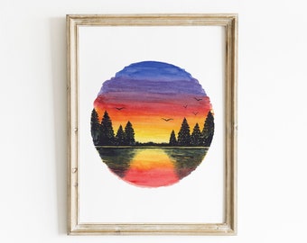 Paisagem de floresta e lago colorido em aquarela, pôster para enquadrar, impressão artística, cartão para oferecer, decoração de parede, arte de parede, presente