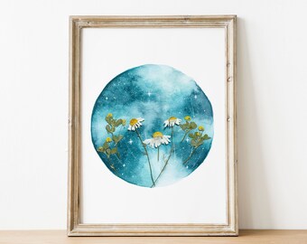 Illustrazione cosmica della luna del fiore, Poster dell'acquerello di arte celeste, Wall Art, Boho Spiritual Wall Decor, Cosmos Universe Poster, Witchyart