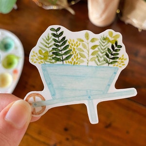 Sticker transparent brouette botanique fleurie, Autocollant fleurs aquarelle, décoration scrapbooking, bullet journal, papeterie cottagcore