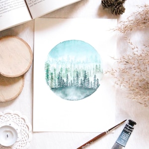Cartel de acuarela de bosque nevado para enmarcar para decorar tu casa para Navidad, impresión de arte paisajístico naturaleza ilustrada para arte mural imagen 1