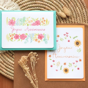 Set mit 2 Aquarell illustrierten Geburtstagskarten "Happy Birthday", handgefertigte Geschenkkarte für Mutter Freundin Schwester Großmutter