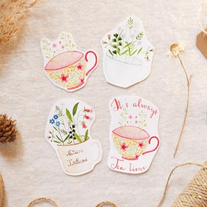 Stickers waterproof | Pour décorer ordinateur, téléphone, gourde, bullet journal, planner, carnets | Tasses de thé fleuries à l'aquarelle