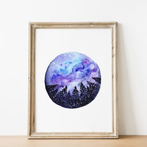 Cartel de acuarela bosque estrellado | Ilustración para enmarcar| Póster de paisaje celeste | Impresión artística, decoración mural, regalo espiritual imagen 1