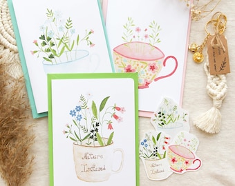 Coffret de papeterie "Thé aux fleurs" avec 3 cartes de voeux, 1 porte-clés "L'heure du thé" et 3 stickers Tasses de thé fleuries