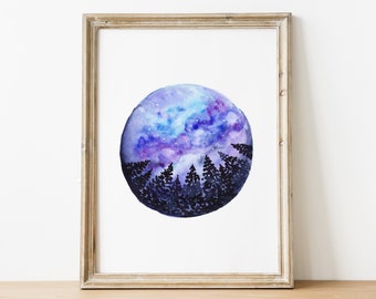 Poster estrelado da aguarela da floresta | Ilustração para enquadrar | Poster paisagem celestial | Impressão artística, decoração de parede, presente espiritual