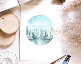 Pôster em aquarela de floresta nevada para emoldurar para decorar sua casa para o Natal, impressão de arte ilustrada de paisagem natural para arte de parede