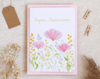 Watercolor Flowers Birthday Card – Delicate Floral Illustration, Poetic Stationery