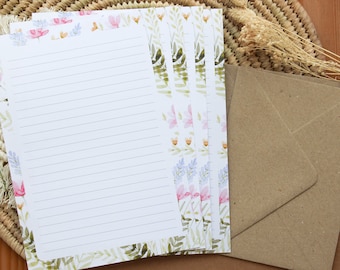 "Pretty flowers" writing paper with envelope, Set of floral stationery illustrated in watercolor for writing to loved ones