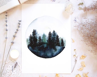 Stampa l'illustrazione dell'acquerello della foresta mistica da incorniciare per la decorazione della parete, poster del paesaggio della natura mistica per il regalo